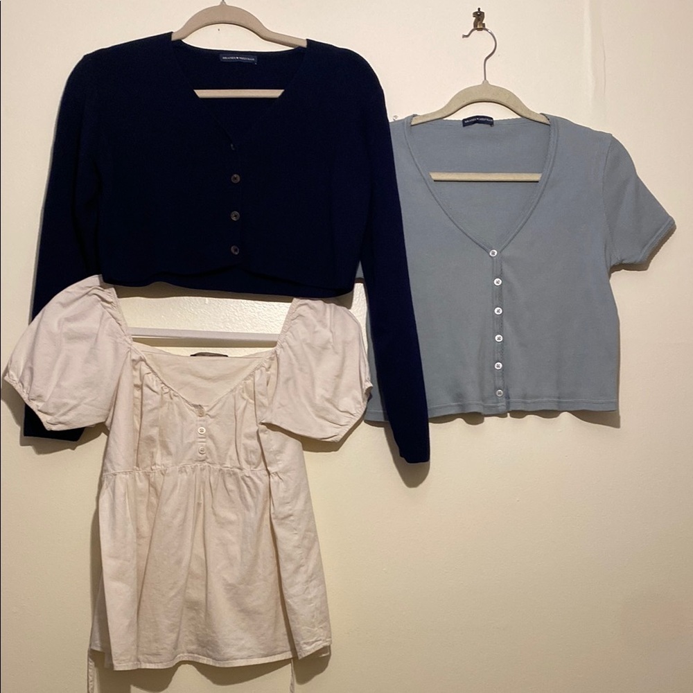 Brandy Melville Trio: Navy, Light Blue, and Cream Tops. Set 3 pieces